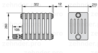Схема (чертеж) Радиатор Zehnder Charleston 6026/7 №V004 Белый глянцевый RAL 9016